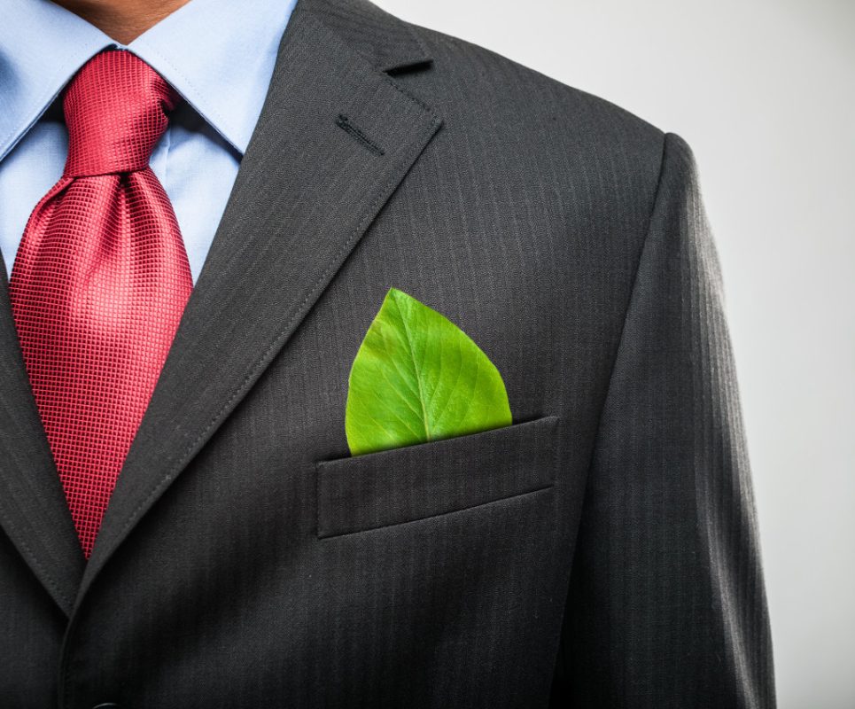 businessman with green leaf in pocket concept of green business